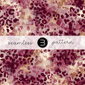 May include: A seamless leopard print pattern in burgundy, pink, and gold tones. The image features the text "seamless 3 pattern" on a white banner. This design is suitable for various applications, such as fabric or wallpaper.