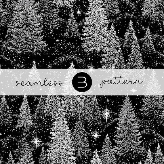 Vintage Night Pine Forest Pattern – Seamless Black and White Starry Winter Tree Illustration Fabric