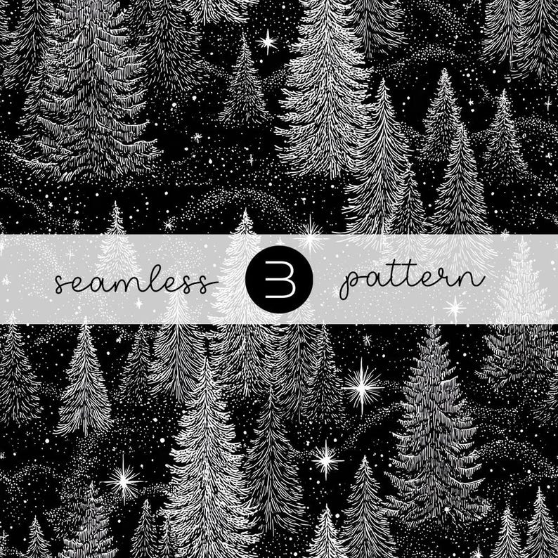 Pu&ograve; includere: Motivo senza cuciture in bianco e nero con una foresta dettagliata di pini e stelle. Il testo "seamless 3 pattern" &egrave; visualizzato su uno striscione grigio chiaro. Il design &egrave; adatto a varie applicazioni.