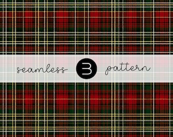 May include: Seamless pattern with a classic plaid design in red, green, yellow, and white. The words "seamless 3 pattern" are displayed on a white banner across the image. This design is suitable for various applications.