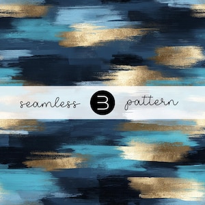Könnte beinhalten: Abstraktes nahtloses Muster mit Pinselstrichen in Blau- und Goldtönen. Das Design weist einen strukturierten, malerischen Stil mit horizontalen Strichen auf. Der Text "seamless 3 pattern" wird auf einem weißen Banner angezeigt.