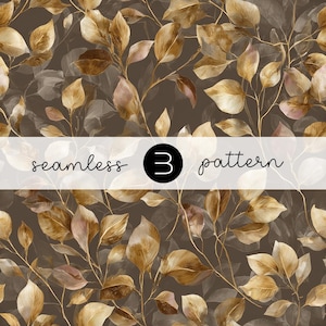 Op de afbeelding: Naadloos patroon met bladeren in aquarel-stijl in goud, bruin en blush roze tinten. De bladeren zijn geplaatst tegen een donkerbruine achtergrond. De tekst "seamless 3 pattern" wordt weergegeven.