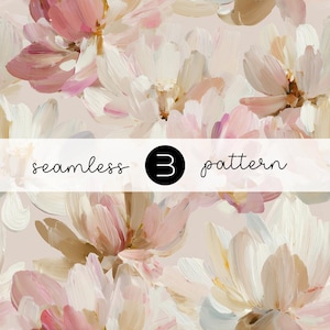 Könnte beinhalten: Ein nahtloses Blumenmuster in zarten Rosa-, Weiß- und Beigetönen. Das Design zeigt große, abstrakte Blüten mit sichtbaren Pinselstrichen. Der Text "seamless 3 pattern" ist auf dem Bild zu sehen.