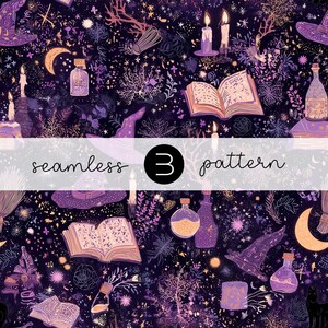 May include: Seamless pattern with a dark purple background featuring witch hats, potion bottles, candles, books, and stars. The text "seamless 3 pattern" is displayed in a white banner across the image.