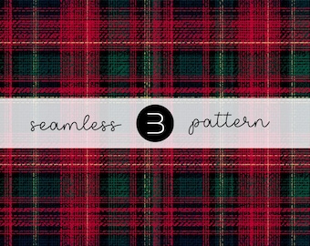 May include: Seamless pattern with a classic plaid design in red, green, black, and gold. The pattern features intersecting lines forming a grid. The text "seamless 3 pattern" is displayed on a white banner.