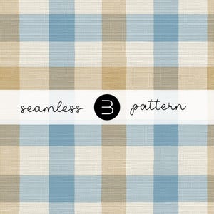 Könnte beinhalten: Ein nahtloses Muster mit einem Vichy-Design in Blau-, Beige- und Weißtönen. Der Text "seamless 3 pattern" wird in der Mitte des Bildes angezeigt.