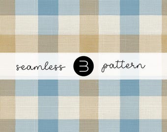 May include: A seamless pattern featuring a classic gingham design in shades of blue, beige, and white. The text "seamless 3 pattern" is displayed across the center of the image.