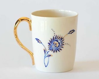 Golden And Blue Hatai Motif Handcrafted Limoges Porcelain Coffee & Tea Cup with Porcelain, Turkish Treasures Coffee Tea Cup
