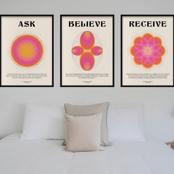 Set of 3 Manifestation Prints, Law of Attraction Wall Art, Aura Gradient Poster, Spiritual Wall Decor, Ask Believe Receive, Positive Energy