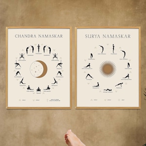 Cartel de saludo al sol y la luna, impresión de posturas de yoga, cartel de rutina de yoga, regalo de amante de yoga, imprimible de yogui, impresión de ejercicio de yoga, decoración de pared de yoga