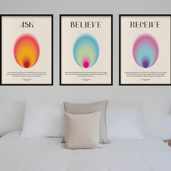 Set of 3 Manifestation Prints, Law of Attraction Wall Art, Aura Gradient Poster, Spiritual Wall Decor, Ask Believe Receive, Positive Energy