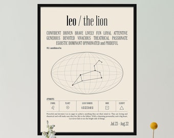 May include: A framed print featuring the Leo zodiac sign, with the constellation, attributes, and dates of July 23 - August 22. The print is surrounded by various flowers in glass vases.