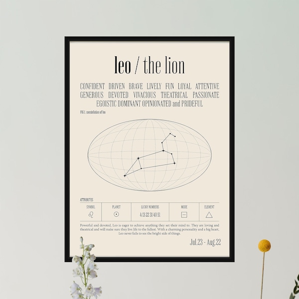 Leo Constellation Poster, Zodiac Astrology Print, Modern Leo Gift, Spiritual Star Sign Print, Black and White Zodiac Poster, Horoscope