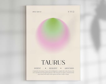 Arte della parete del Toro, Poster dello zodiaco, Regalo del Toro, Arredamento del segno zodiacale, Stampa dell'aura dello zodiaco, Segno zodiacale spirituale, Aura sfumata del Toro, Arte dell'astrologia