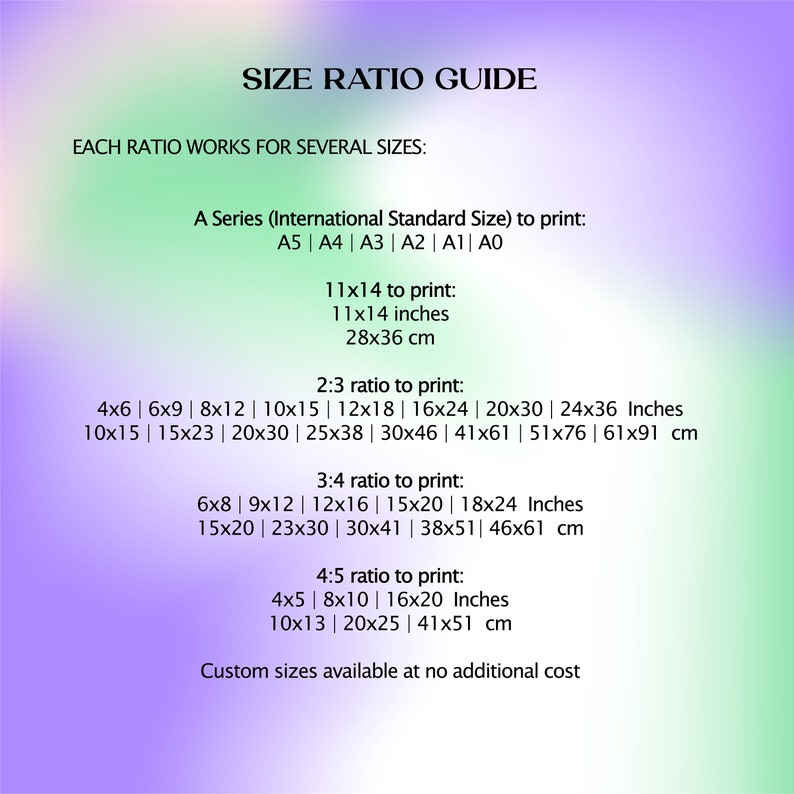May include: Size Ratio Guide with text listing print sizes for various ratios, including A Series, 2:3, 3:4, and 4:5. Measurements are provided in inches and centimeters. Custom sizes are available.