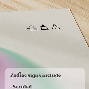 Pu&ograve; includere: Una carta bianca con simboli zodiacali neri per i segni della Bilancia, dell'Aria e Cardinali. La carta elenca i componenti dei segni zodiacali: Simbolo, Elemento e Modalit&agrave;. Lo sfondo ha una sfumatura verde e viola.