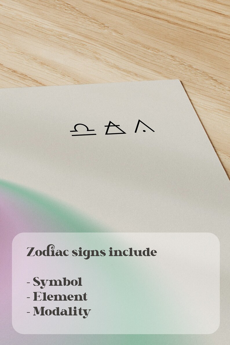 Pu&ograve; includere: Una carta bianca con simboli zodiacali neri per i segni della Bilancia, dell'Aria e Cardinali. La carta elenca i componenti dei segni zodiacali: Simbolo, Elemento e Modalit&agrave;. Lo sfondo ha una sfumatura verde e viola.
