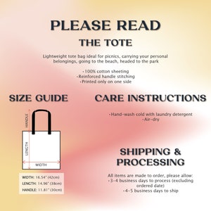 May include: White tote bag with black handles. The image includes text that reads "PLEASE READ THE TOTE" and "SIZE GUIDE". The bag's dimensions are provided: width 16.54" (42cm), length 14.96" (38cm), and handle 11.81" (30cm).