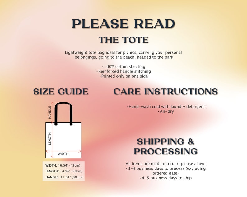 May include: White tote bag with black handles. The image includes text that reads "PLEASE READ THE TOTE" and "SIZE GUIDE". The bag's dimensions are provided: width 16.54" (42cm), length 14.96" (38cm), and handle 11.81" (30cm).