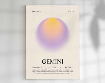 Gemini Art, Zodiac Poster, Gemini Gift, Star Sign Decor, Zodiac Aura Print, Spiritual Star Sign Print, Gemini Gradient Aura, Astrology Art