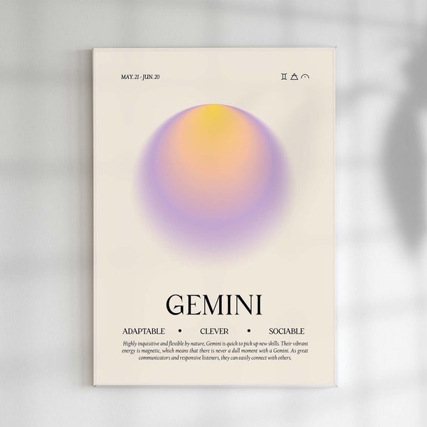 Gemini Art, Zodiac Poster, Gemini Gift, Star Sign Decor, Zodiac Aura Print, Spiritual Star Sign Print, Gemini Gradient Aura, Astrology Art