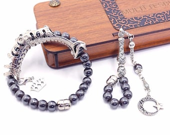Hematite Gemstone Tasbih: Convertible finger whell rosary Transforms into two different bracelets