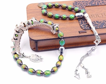 Moodstone Tasbih Prayer Beads:transforms into two different bracelets and finger wheels.