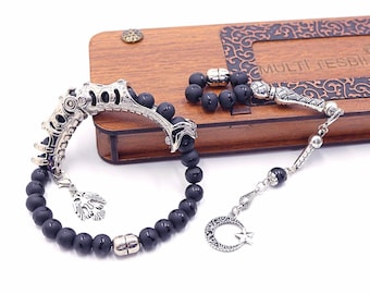 Onyx & Gemstone Tasbih Prayer Beads: Convertible finger whell rosary Transforms into two different bracelets