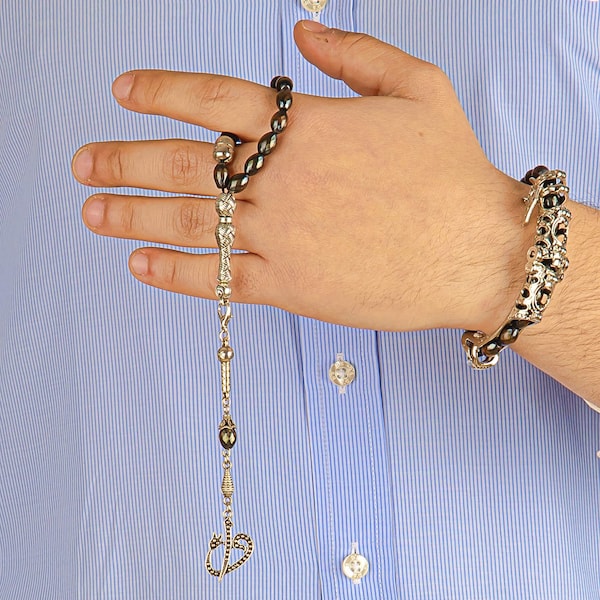 Tasbih con piedra del estado de ánimo en plata de ley 925: se transforma en dos pulseras y ruedas de dedo diferentes.