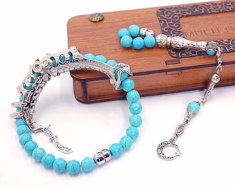 Turquoise Gemstone Tasbih Prayer Beads: Convertible finger whell rosary Transforms into two different bracelets