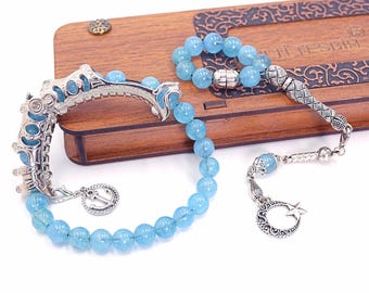 Aquamarine Tasbih Prayer Beads: Convertible finger whell rosary Transforms into two different bracelets