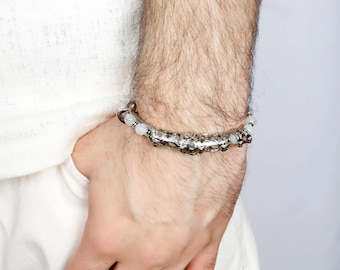 Crystal Quartz Gemstone Bracelet for Men: Multi Flex Silver Design