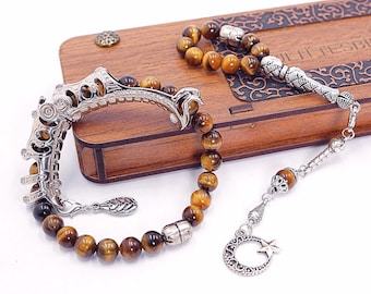 Tiger's Eye Tasbih Prayer Beads: Convertible Rosary, Bracelet, Spinner Ring