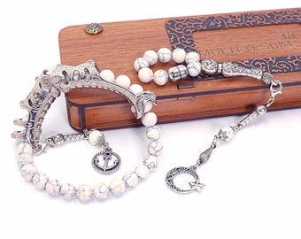 Howlite Tasbih Prayer Beads: Convertible finger whell rosary Transforms into two different bracelets