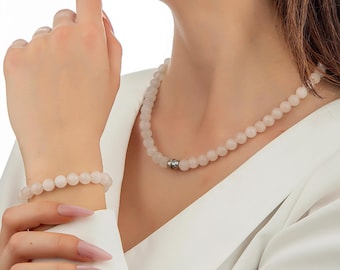 Pink Quartz natural stone necklace: turns into a bracelet
