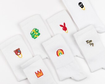 Embroidered socks, Sneaker socks, White socks, Rainbow socks, Playboy socks, Crown socks, Bear socks, Long socks, Socks pack, Socks box