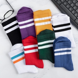Striped crew socks, school socks, tennis socks, vintage retro socks, women&#39;s socks, men&#39;s socks, colorful cotton socks, sneakers socks
