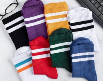 Striped crew socks, school socks, tennis socks, vintage retro socks, women's socks, men's socks, colorful cotton socks, sneakers socks