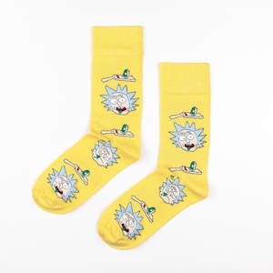 Cartoon socks, Rick and Morty socks, Rick and Morty gifts, Rick Sanchez socks, Funny socks, Yellow socks, Cartoon gift, Christmas gift idea