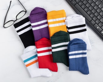 Striped crew socks, school socks, tennis socks, vintage retro socks, women's socks, men's socks, colorful cotton socks, sneakers socks