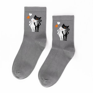 Cat socks, Cat lover gift, School socks, Animal socks, Couple socks, Gift for cat mom, Gray socks, Plain socks, Unique socks, Novelty socks