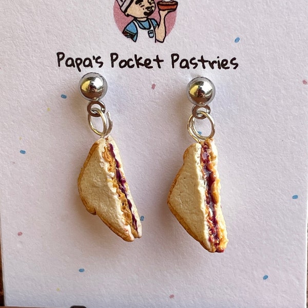 Mini PB&J Peanut Butter Jelly Sandwich Stud Earrings, Polymer Clay Food / Miniatures Doll Charm Papa's Pocket Pastries