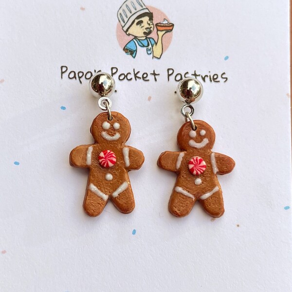 Gingerbread Christmas Dangle Drop Earrings, Polymer Clay Food Dollhouse Miniatures Cookie Holiday Jewelry Winter Charm Papas pocket pastries