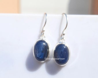 Boucles d'oreilles pendantes en argent sterling 925 avec pierres précieuses ovales en cyanite bleue, cadeau pour femme