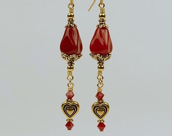 Handmade Dangle Earrings; Red Opaline Drops with Gold Heart Dangles; Czech Glass and Austrian Crystals with Gold Accents