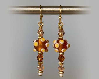 Light-hearted Gold/Yellow/White Lampwork Beads with Swarovski Crystals - Dangle Earrings