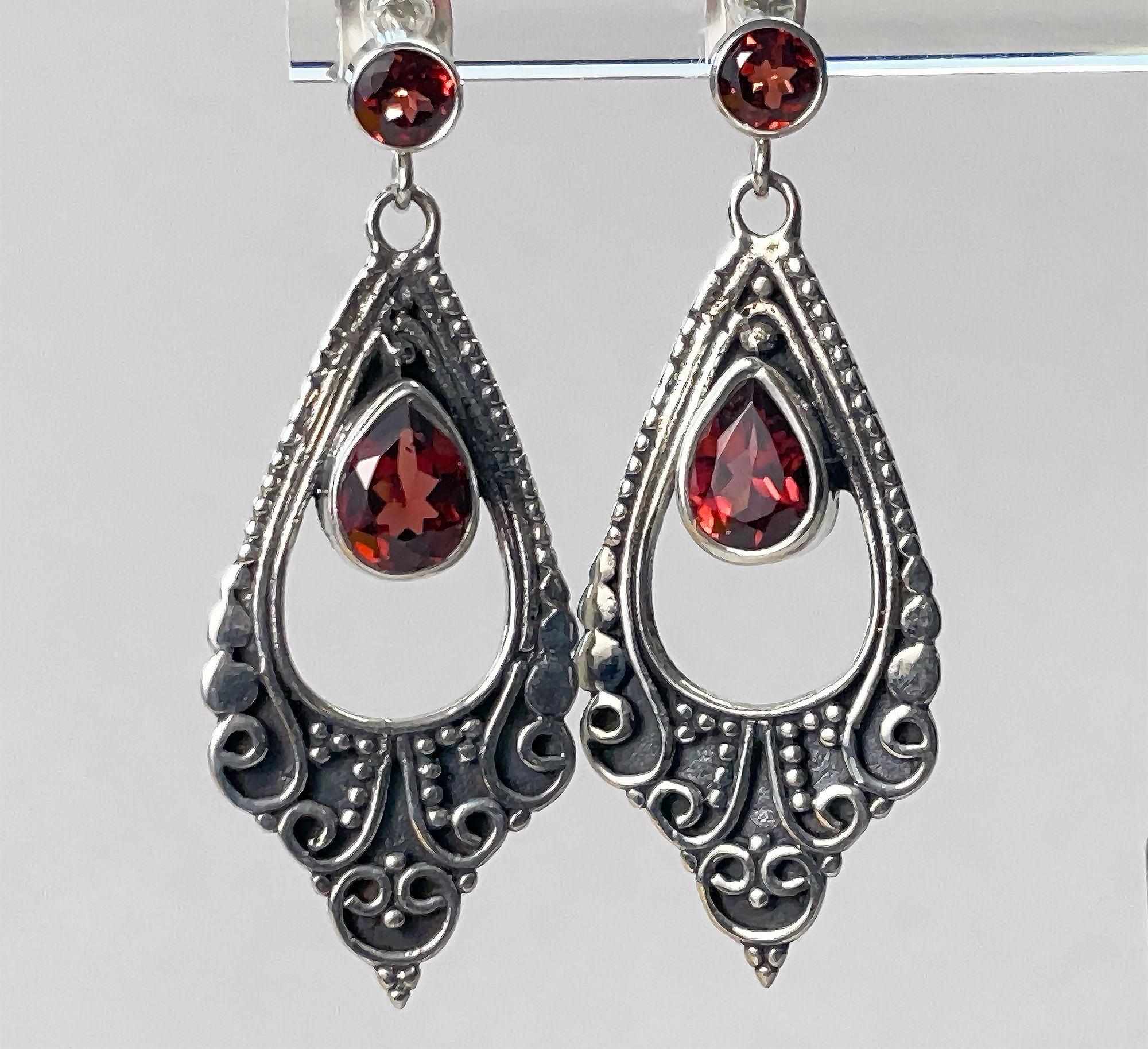 Handcrafted Sterling Silver and Genuine Garnet Dangle Earrings; Victorian-Look Filigree Drops; Perfect for Gifting
