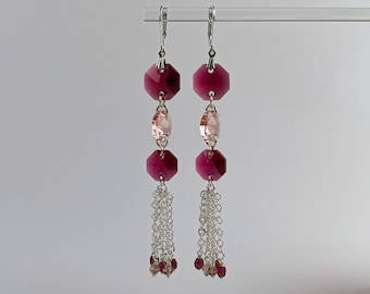 Long Dangle Earrings; Fuchsia and Light Rose Austrian Crystal Octagons with Silver Chain and Beaded Tassels