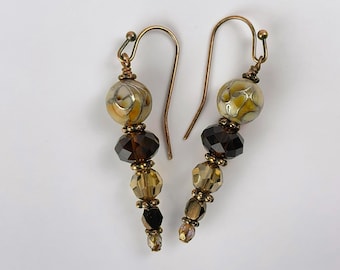 Dangle Earrings; Cloisonne, Austrian Crystals, Czech & Chinese Fire-Polish Glass; Creamy Light and Medium Browns with Copper Accents