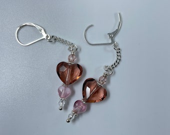 Handmade Dangle Earrings; Romantic Blush Rose Austrian Crystal Hearts with Small Pink Hearts